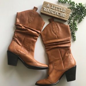BCBGeneration Silk Tan Leather Cowboy Heeled Boot